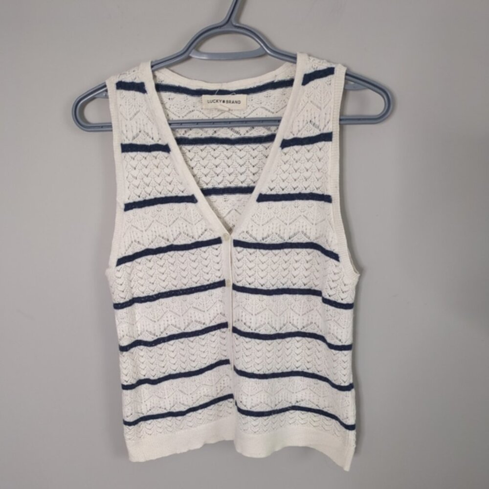 Lucky Brand Button Front Sweater Vest Navy/Cream Stripe Size Medium‎ Wool Blend